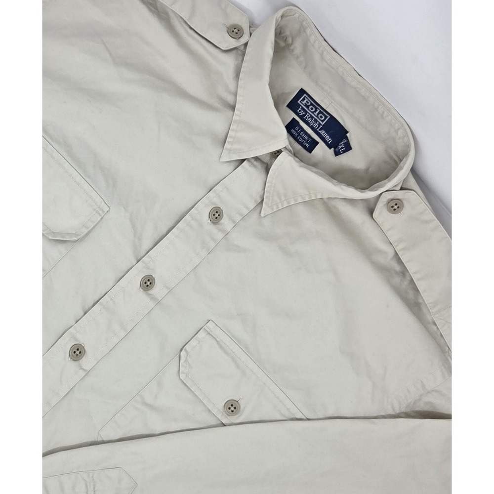 VINTAGE Polo Ralph Lauren GI Shirt Men's Long Sleeve Button Up Pockets XL Beige